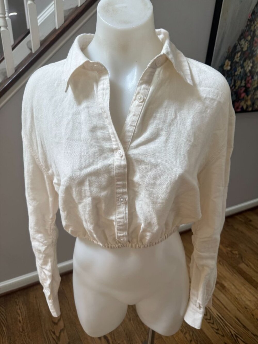 Carbon38 Linen Cotton Button Up Crop Top Cream White Size Small